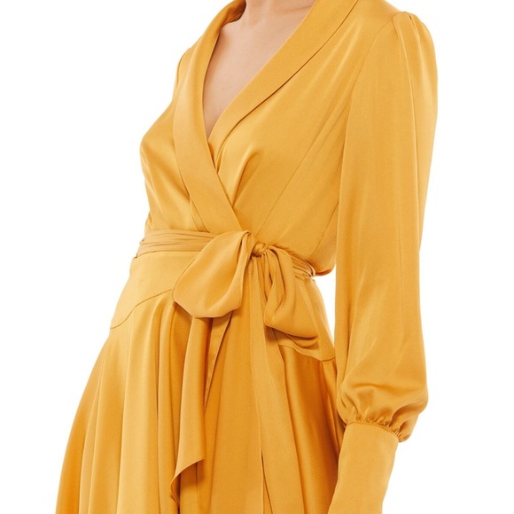 Mac Duggal Satin Wrap Mini Dress • Gold Mustard Long Sleeve Fit & Flare • Size 6 - Picture 2 of 16